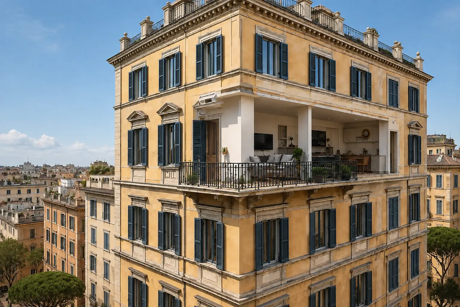 Appartamento con balcone in un palazzo romano, visto dall’esterno.